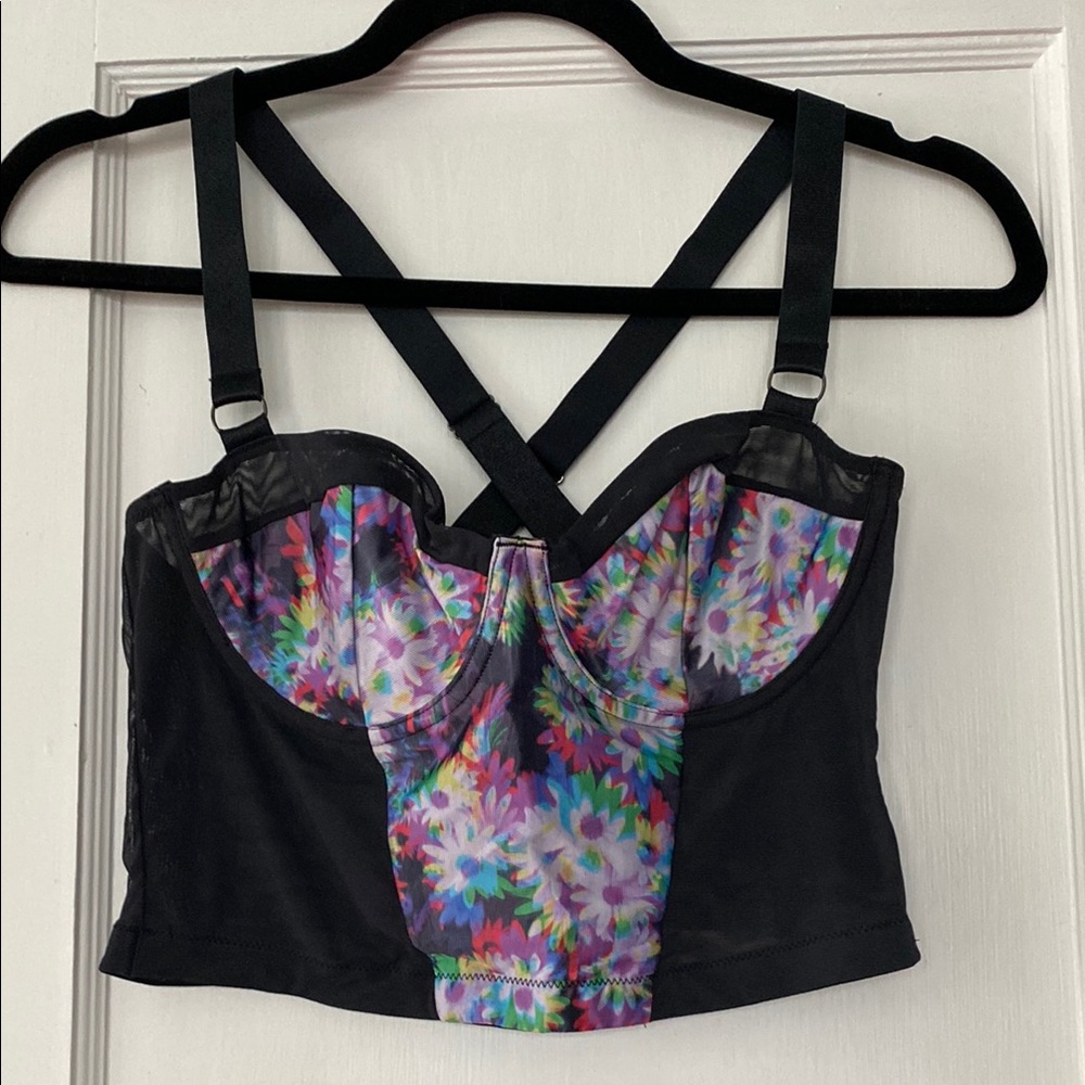 Rainbow Daisies Bustier Top with Black Crossed Straps
